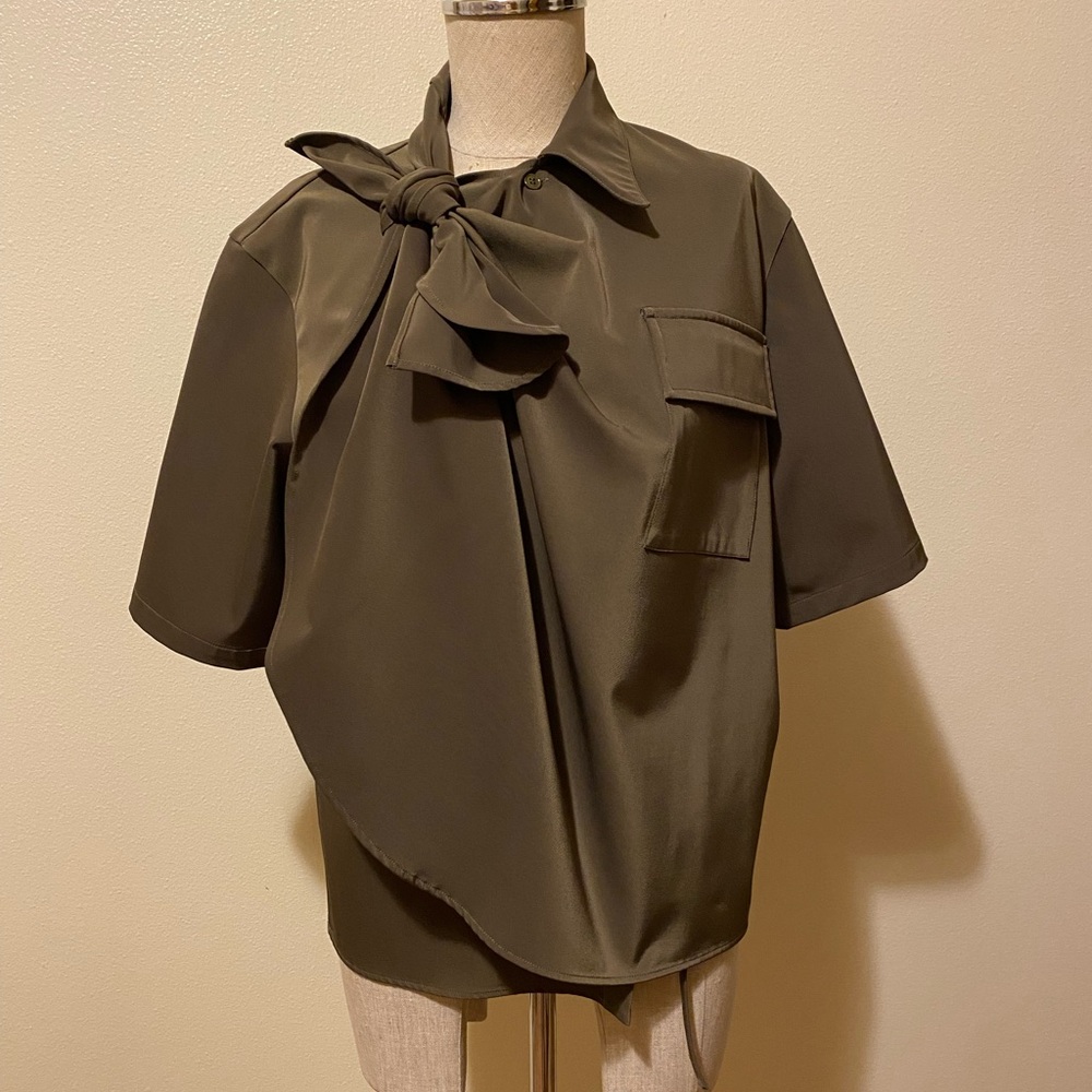 Maison Margiela Olive Tie-Neck Short Sleeve Blouse Large